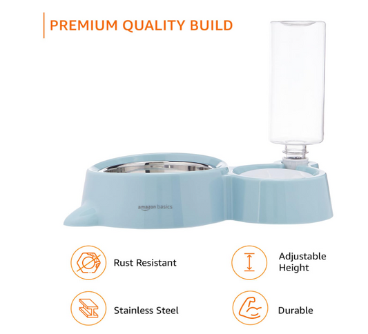 Basics 2 in 1 Pet Feeder Food and Water Dispenser| 450 Ml Stainless Steel Bowl| Automatic Water Dispensing Mechanism| Suitable for Cats and Dogs| LxWxH - 32 Cm X 22 Cm X 16.5 Cm